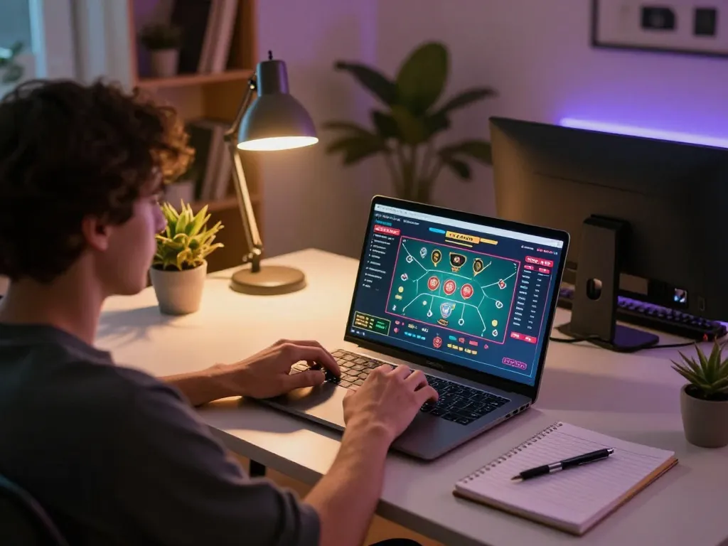 Engaged player enjoying online gaming on rikvip platform with strategic notes and warm ambiance