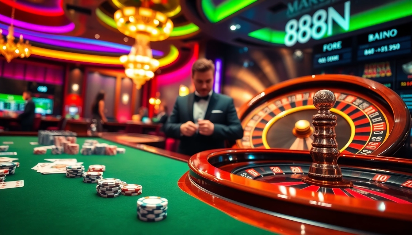 Engaging scene of high-stakes gambling at 888NEW casino featuring poker chips and roulette.
