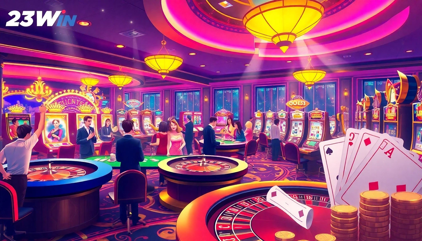 Players enjoying a thrilling game experience at 23Win casino, featuring vibrant tables and exciting atmosphere.