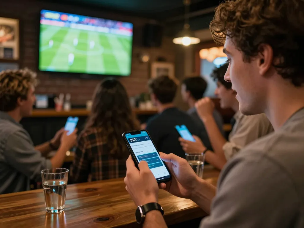 Engaging moment at a sports bar where users follow live sports and place bets through the soi keo app, emphasizing excitement and social interaction