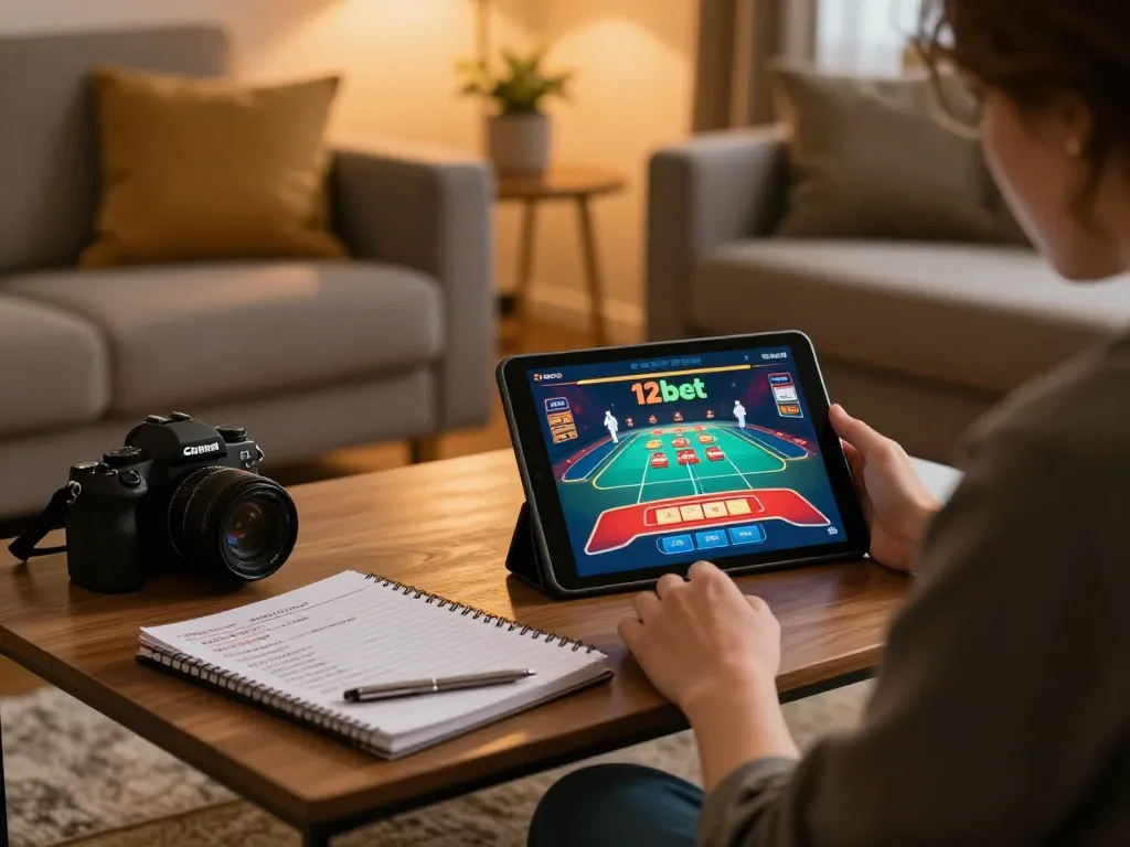 Player engaging with 12bet online casino on tablet in a cozy living room.