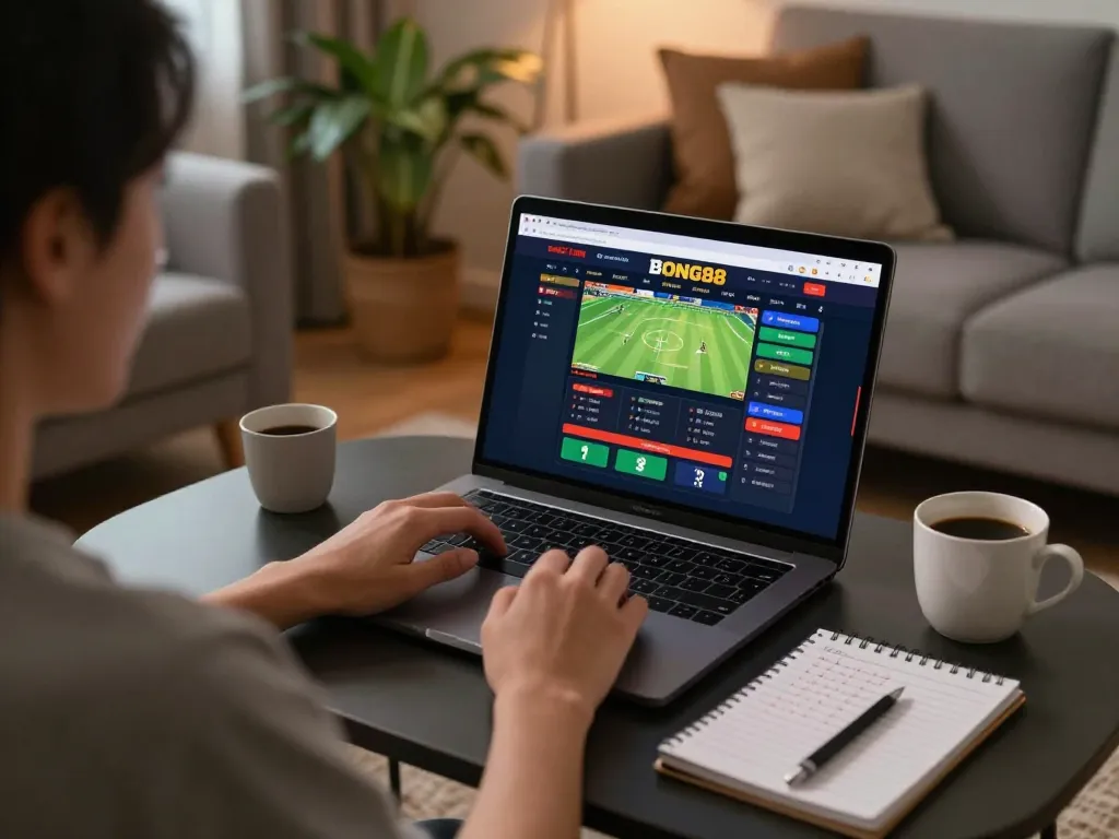 BONG88 sports betting action on a laptop in a cozy home, with strategies visible nearby.
