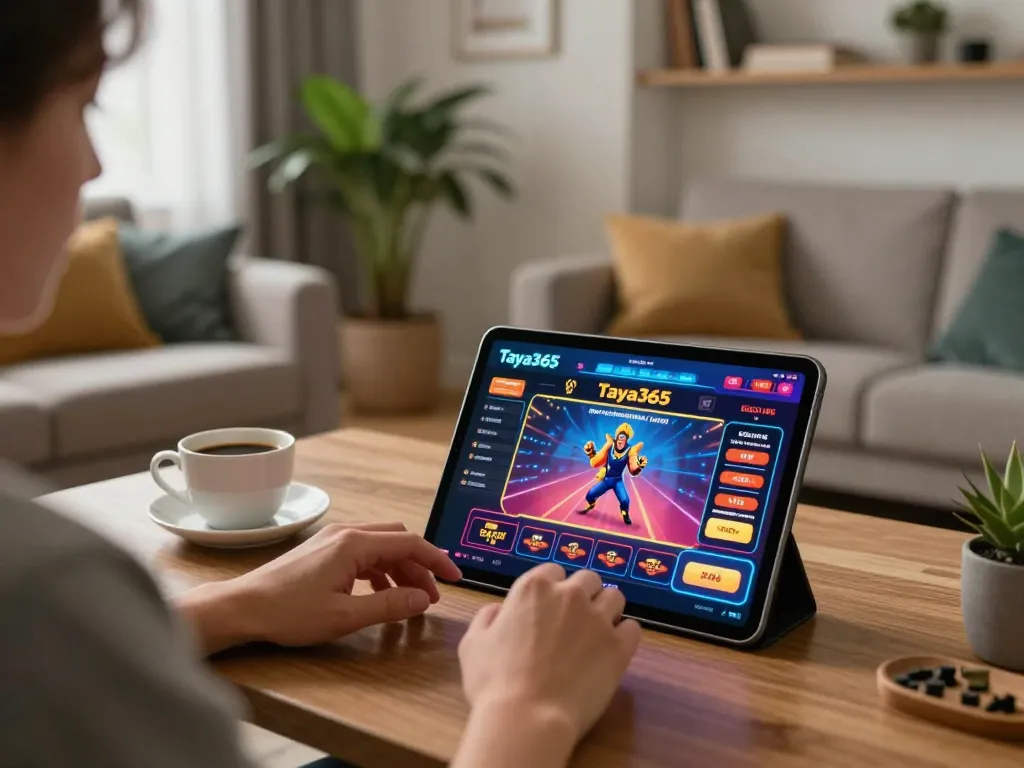 Taya365 player engaged in online gaming on tablet at home, showcasing exciting betting experience.