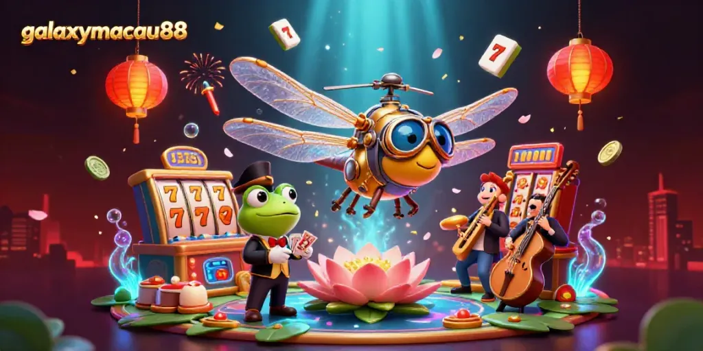 Engage with the thrill of gaming at galaxymacau88, featuring a cartoon dragonfly pilot and dynamic casino elements.