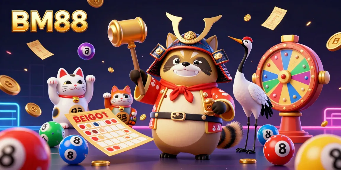 Experience BM88 with a vibrant illustration of a lucky tanuki and fortune cats celebrating with colorful lottery elements.