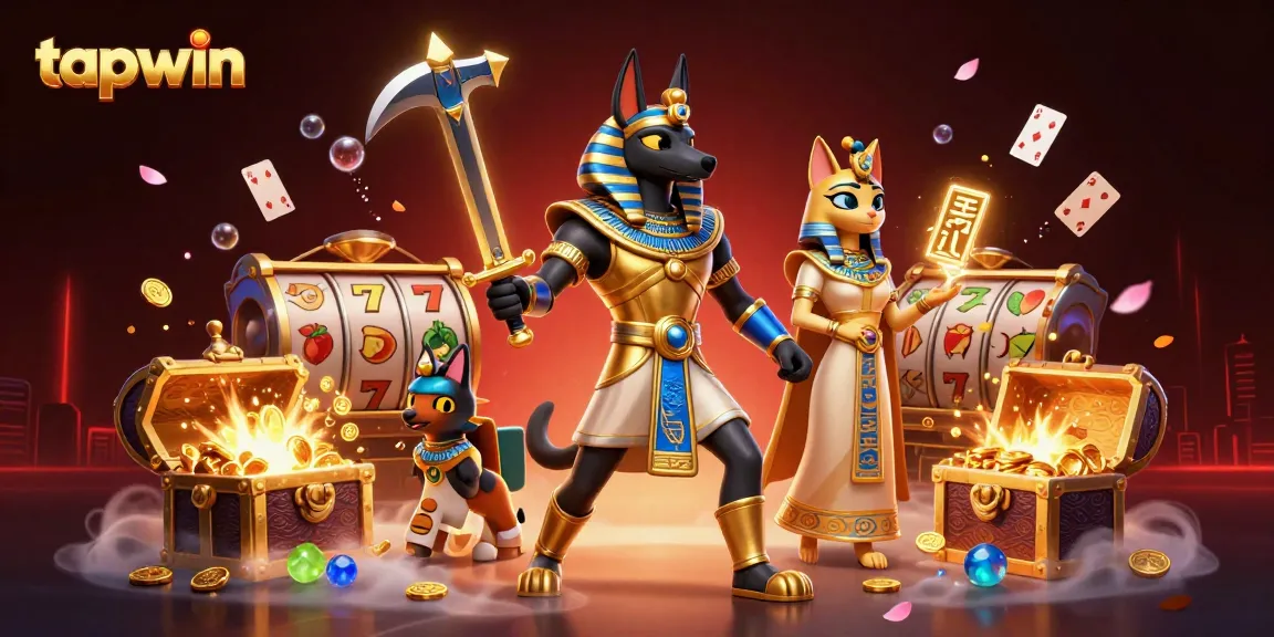Experience the excitement of tapwin with Anubis and Bastet amidst casino elements and treasures.