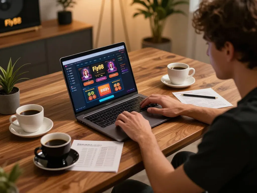 Engaging gameplay on the Fly88 đăng nhập platform with a modern home setup, depicting strategy notes and a laptop interface.