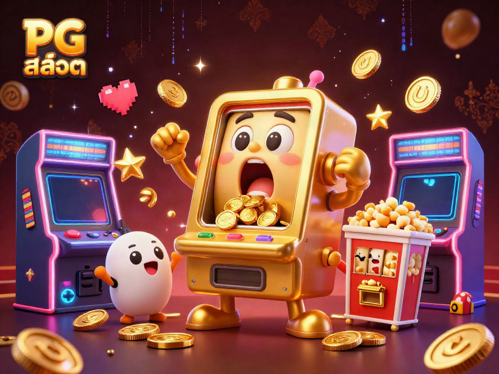 Hitting jackpots with PG สล็อต, a golden slot machine pouring coins with cheering baby machines.
