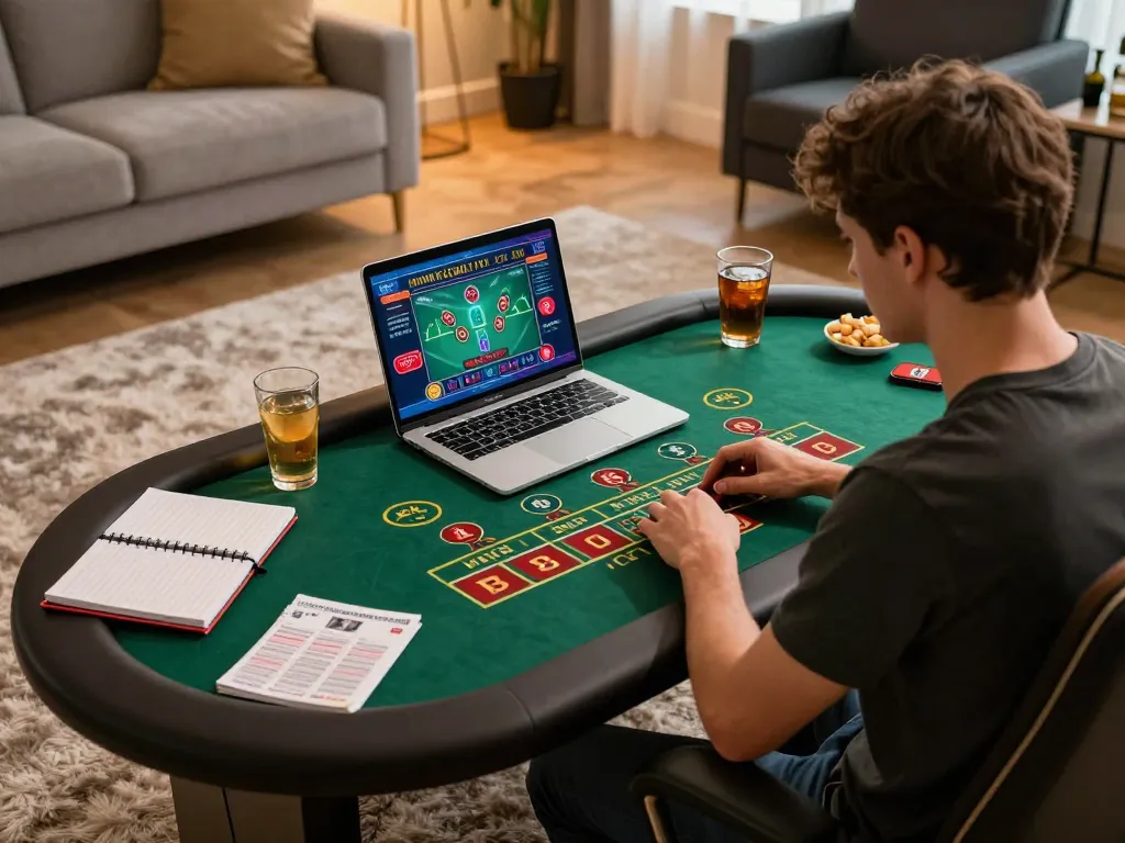 Player engaging in online SC88 gambling game with a laptop and betting strategy notes.