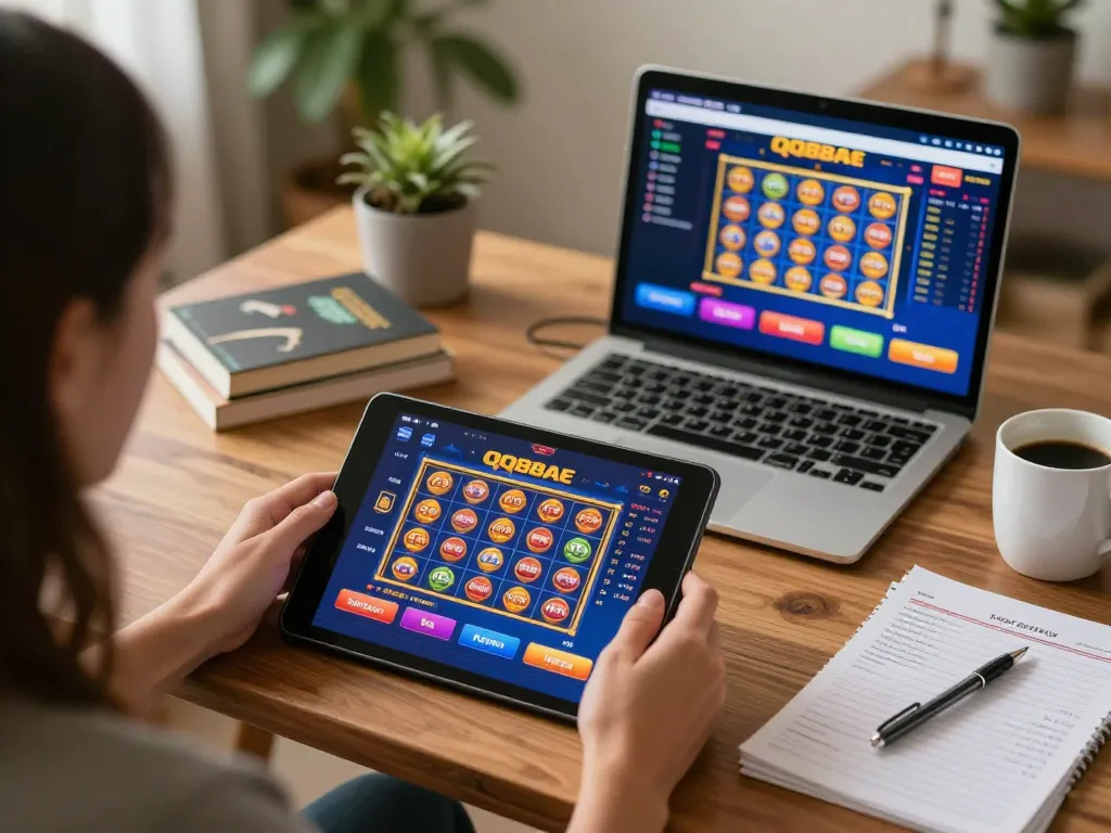 Engaging player enjoying QQ88AE slot games on a tablet in a cozy home setup