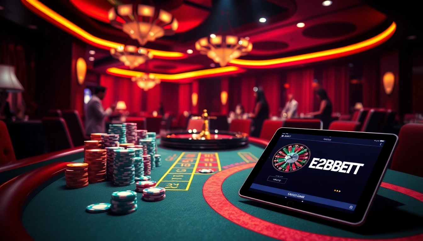 Experience thrilling gameplay at Trang chủ E2BET with luxury casino elements like poker chips and roulette wheels.