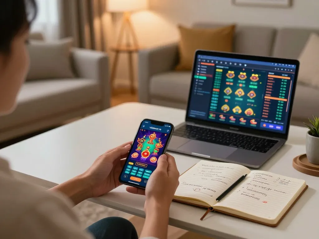 B52 gamers strategizing their gameplay on mobile casino apps while immersed in a home setting.