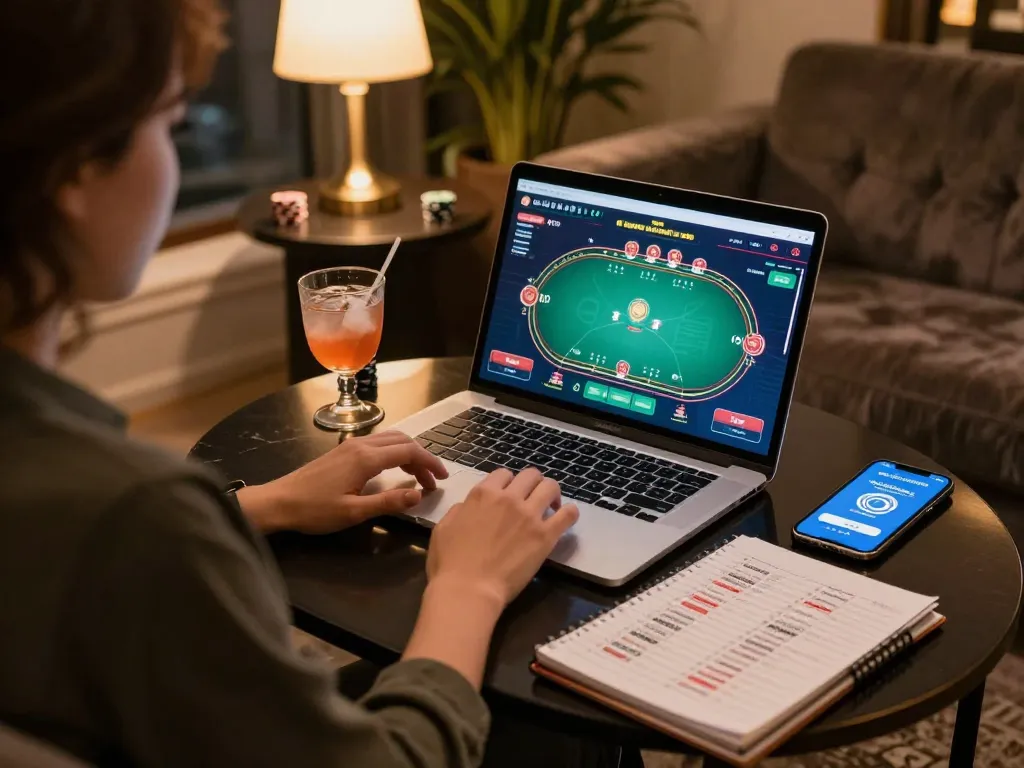Person playing poker online on their laptop, analyzing strategies for mb 66 betting decisions.