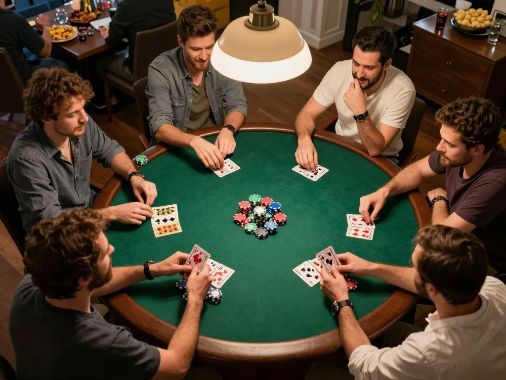 man88 players enjoying a friendly poker night, vibrant atmosphere with colorful chips and cards