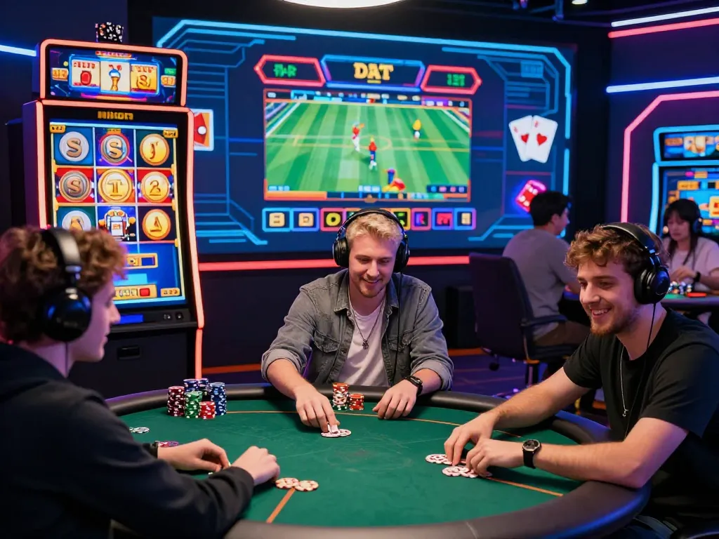 Engaged players enjoying diverse games on f168.ooo, showcasing slot machines and live betting in a lively online casino.