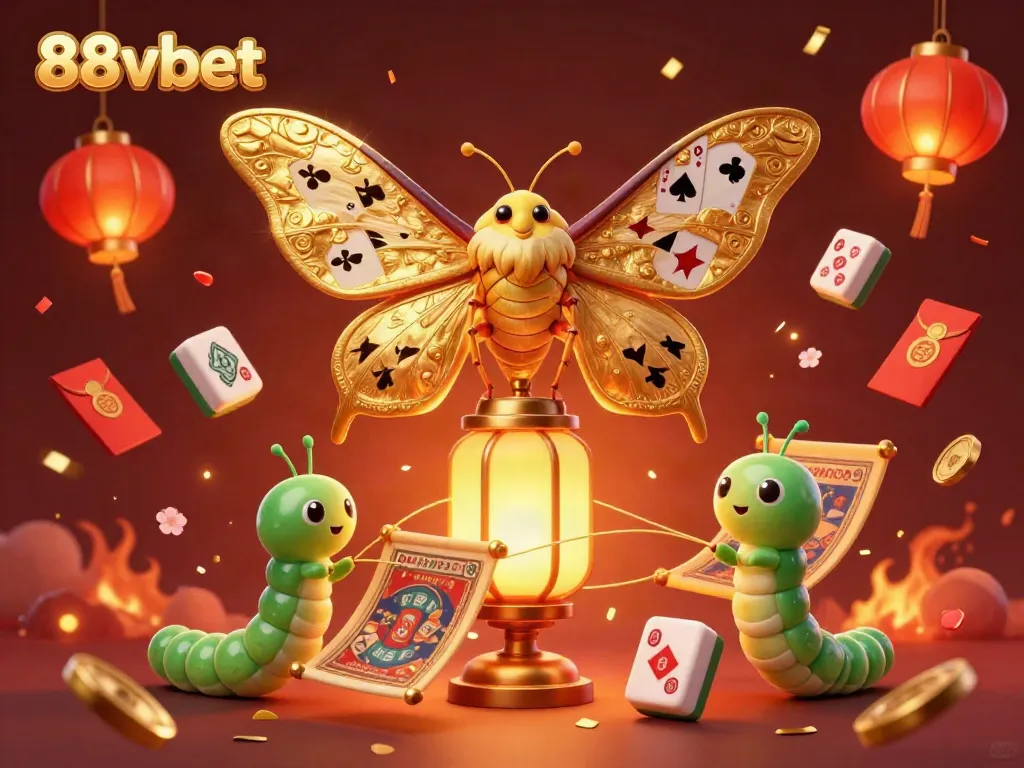 Engage with 88vbet's vibrant casino scene featuring a golden-winged atlas moth and lively gaming elements.