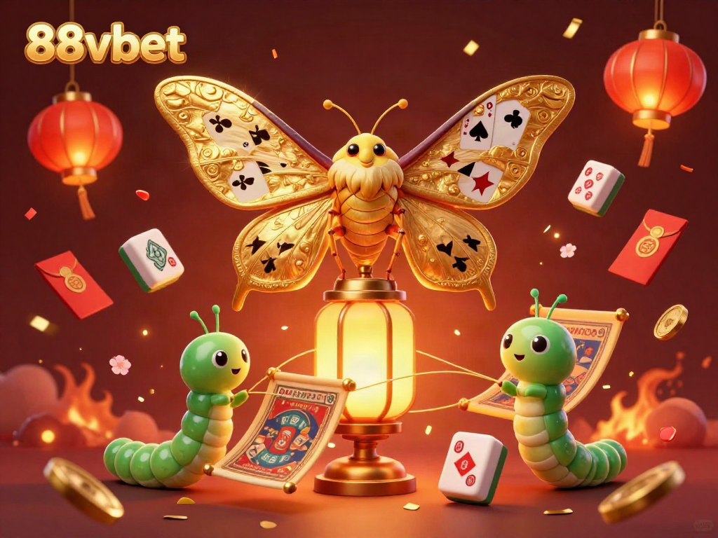 Engage with 88vbet's vibrant casino scene featuring a golden-winged atlas moth and lively gaming elements.