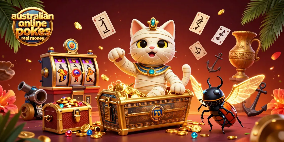 Spin to win with australian online pokies real money in a dynamic casino scene featuring slots and treasures.