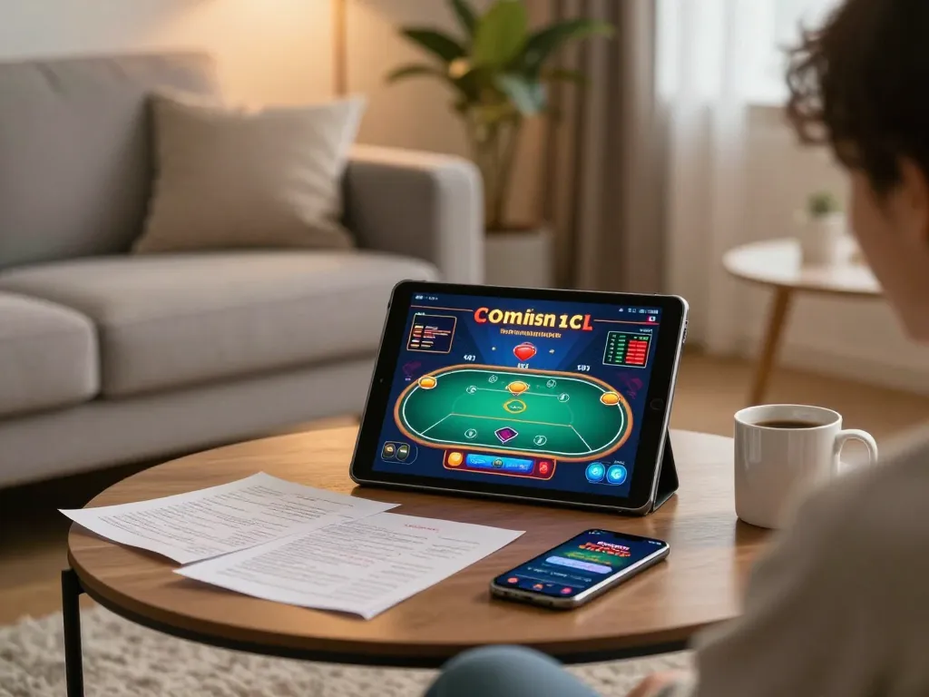 Engaging with fun88 online casino from home, player using tablet for poker action in cozy setup