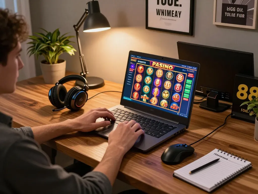 Engaging in vin 88 online casino gaming with vibrant slots displayed on a laptop screen.