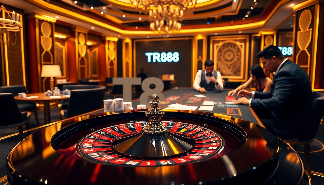 Players enjoying a thrilling game of poker at TR88's luxurious casino, showcasing excitement and strategy.