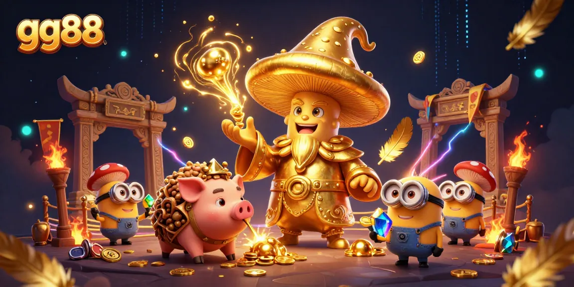 Experience excitement at gg88 with a golden wizard and treasure-seeking pig in a vibrant casino atmosphere.