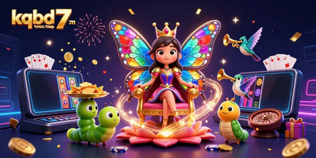 Engage with kqbd truc tiep 7m in a vibrant 3D illustration featuring a butterfly queen surrounded by dynamic casino elements.