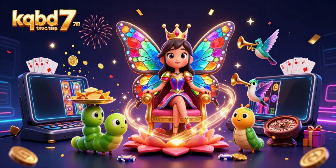 Engage with kqbd truc tiep 7m in a vibrant 3D illustration featuring a butterfly queen surrounded by dynamic casino elements.