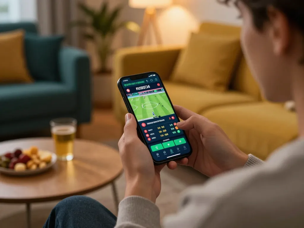 Kết quả bóng đá live scores displayed on smartphone during a cozy evening of sports betting