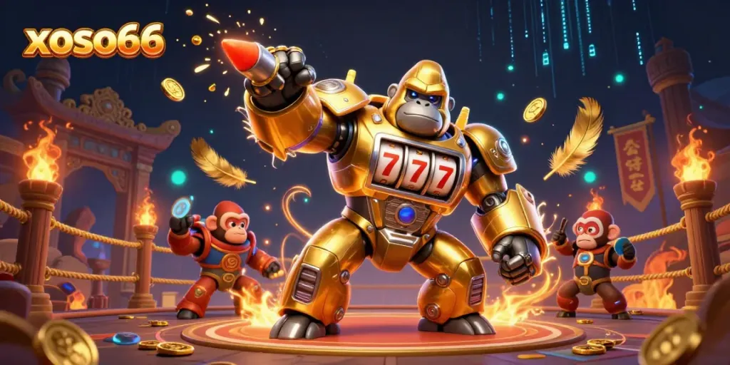 Action-packed scene of xoso66 brand featuring a golden gorilla mech with slot machine elements, surrounded by gaming tokens.