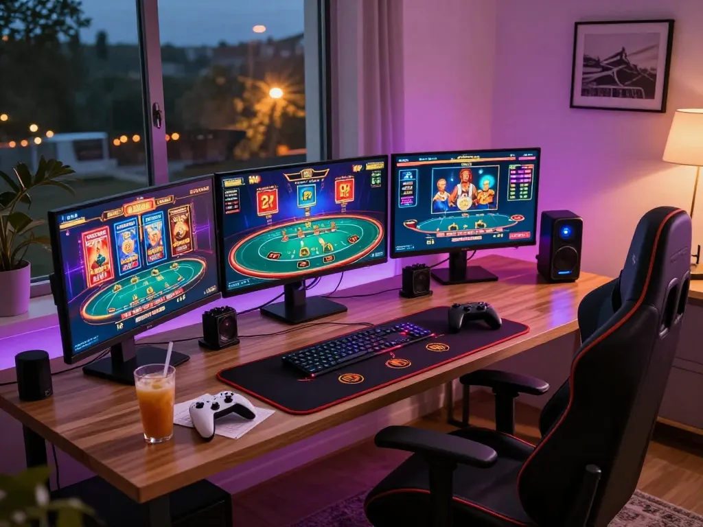 Mengikuti permainan online yang strategis di vm777 dengan beberapa layar yang menampilkan permainan casino yang berwarna-warni di pengaturan kantor rumah yang nyaman.