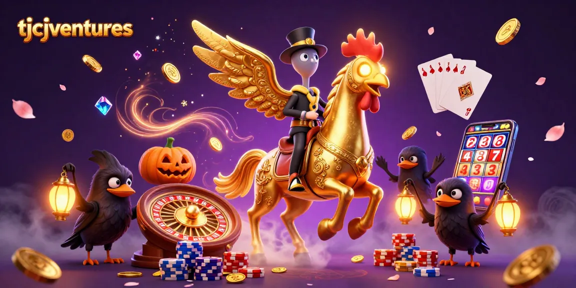Win big with tjcjventures in this vibrant 3D casino scene packed with enchanting characters and imagery.