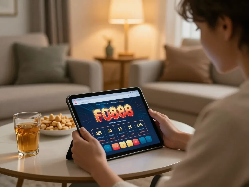 Engaging gaming session using five88 link on tablet in cozy home setup