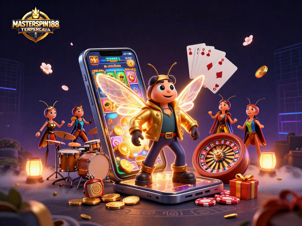 Experience the excitement of MASTERSPIN188 TERPERCAYA with a vibrant 3D casino scene featuring animated characters.
