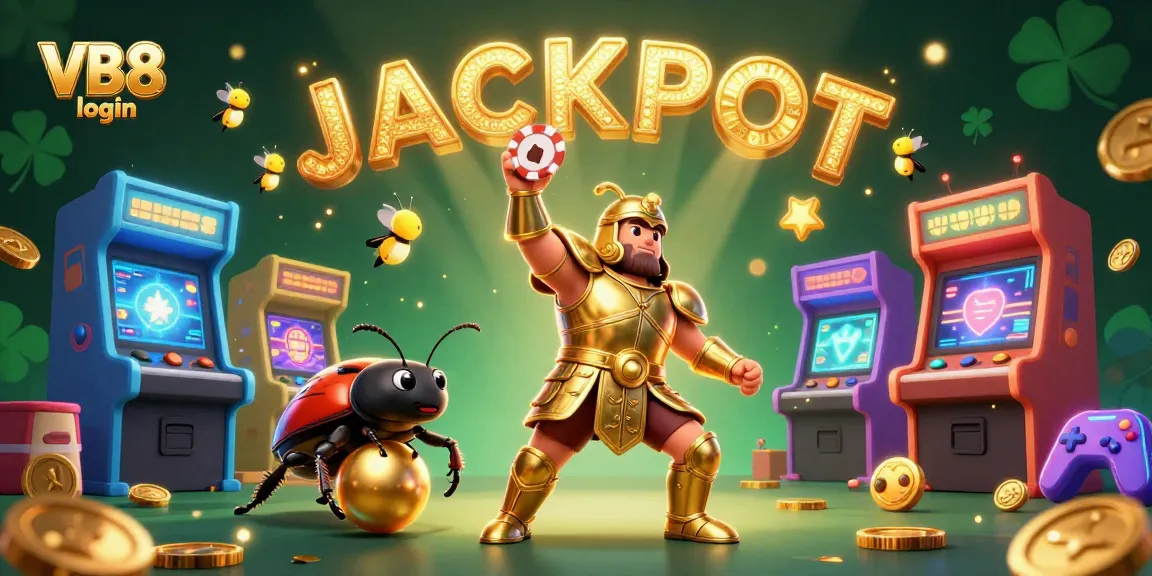 Experience exciting gameplay with VB8 login, featuring a victorious beetle in golden armor and dynamic casino elements.