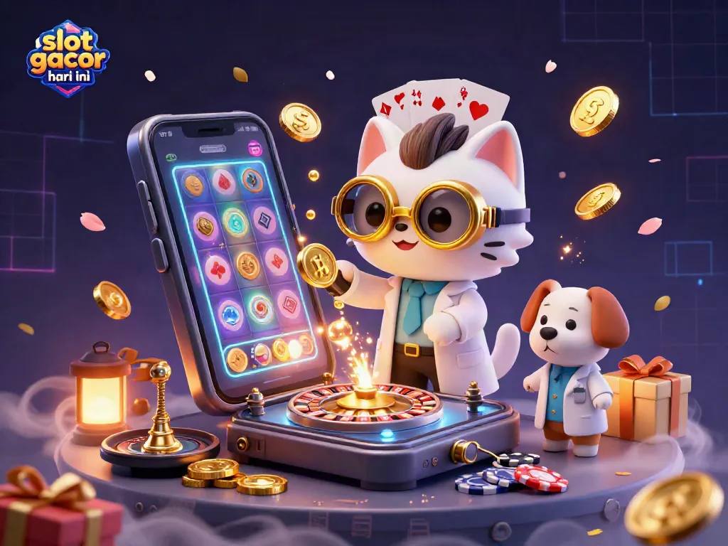 Experience the excitement of slot gacor hari ini with a colorful 3D illustration of a mad scientist cat and lab assistant amidst dynamic casino elements.