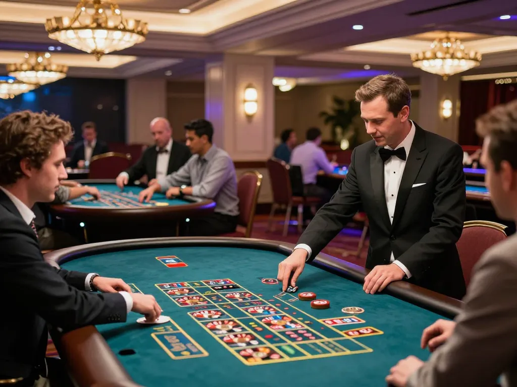 Fun88 players engage in intense betting action at a luxurious roulette table in a vibrant casino atmosphere.