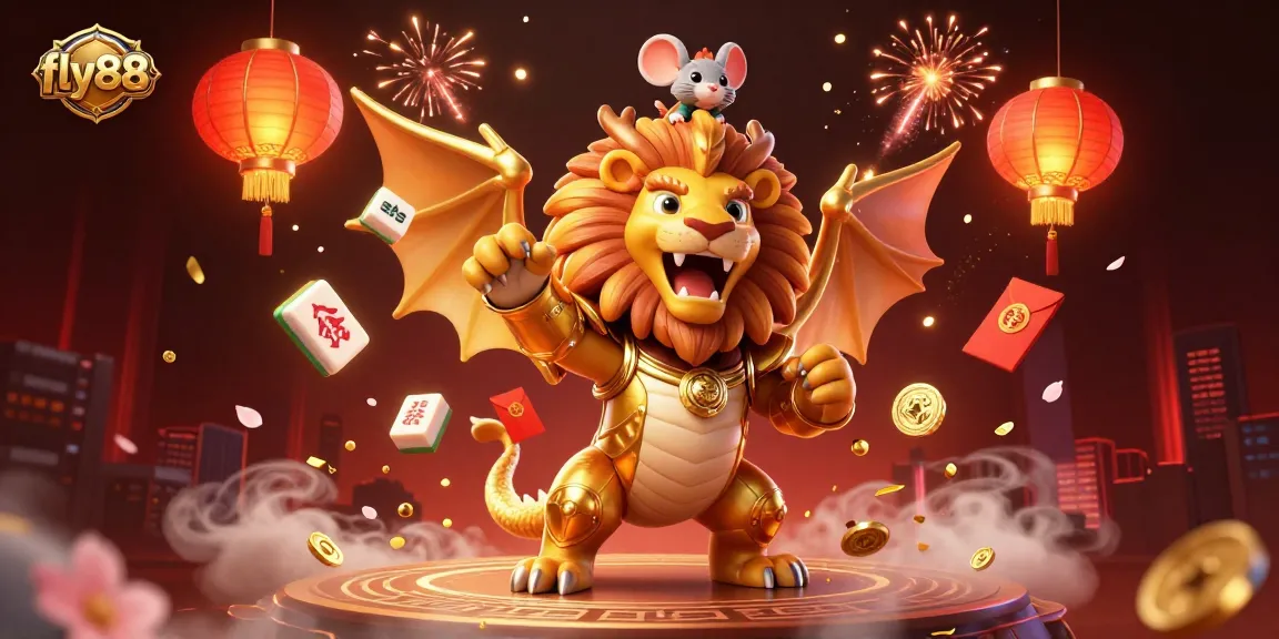 Experience the excitement of fly88 with a triumphant chimera surrounded by vibrant casino elements.