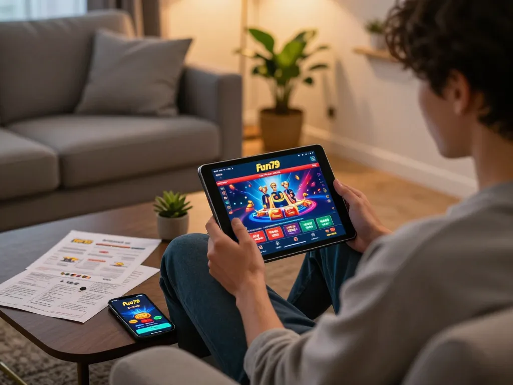 Player enjoying winning strategies at fun79 online casino on a tablet in a cozy living room.