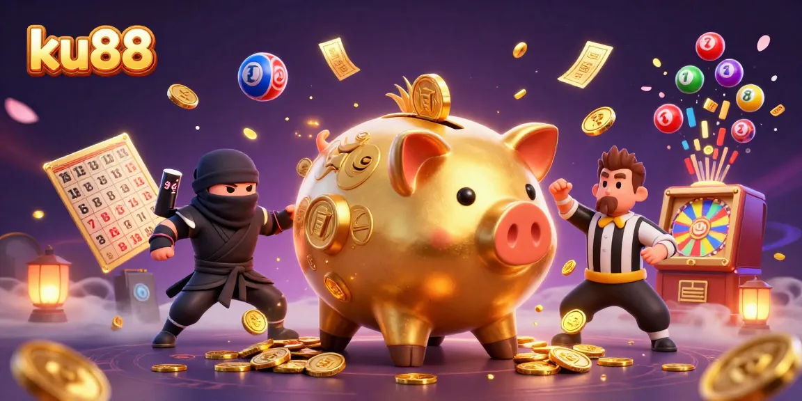 ku88 engaging users with vibrant casino elements in an imaginative 3D illustration.