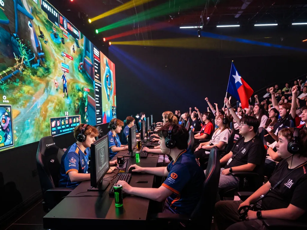 Exciting ONBET esports match with gamers competing fiercely in a vibrant arena filled with cheering fans.