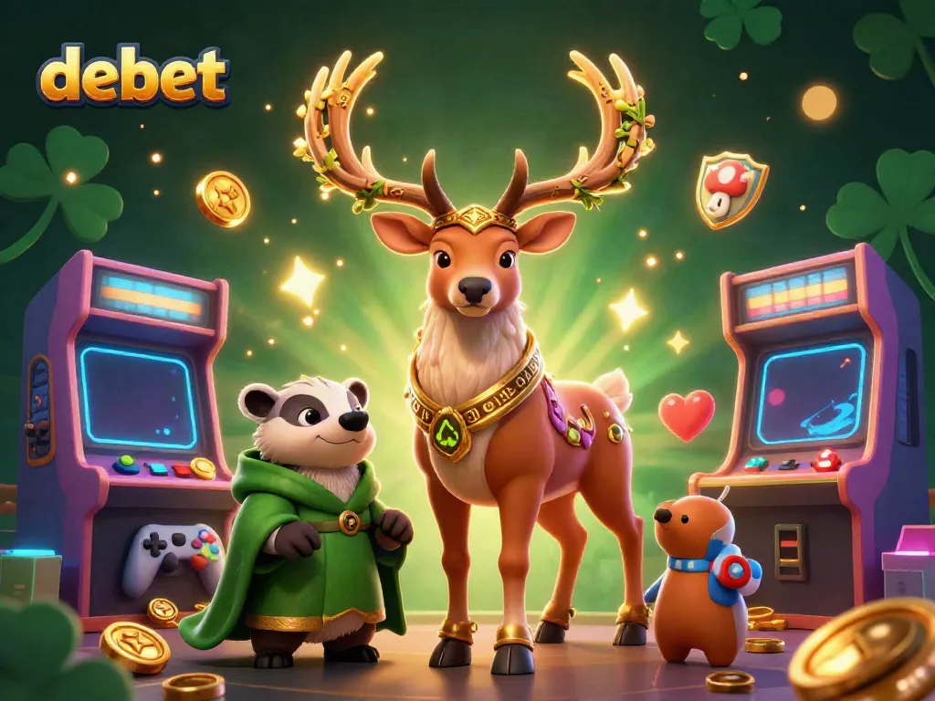 Engaging debet gaming scene with Celtic stag, badger, and vibrant arcade elements.