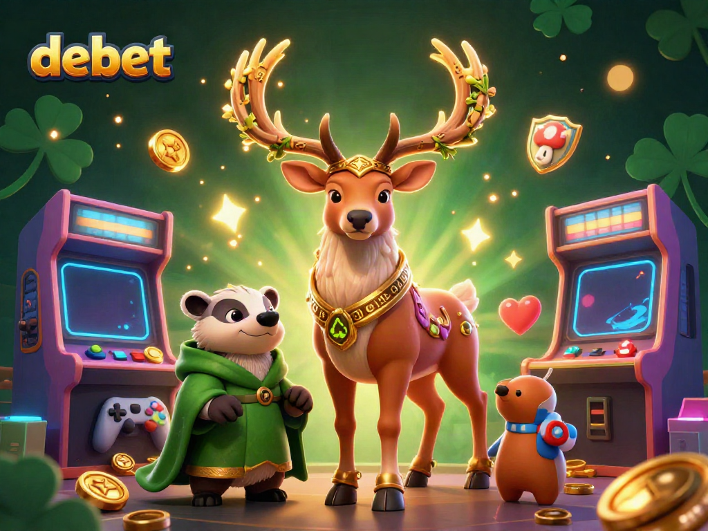 Engaging debet gaming scene with Celtic stag, badger, and vibrant arcade elements.