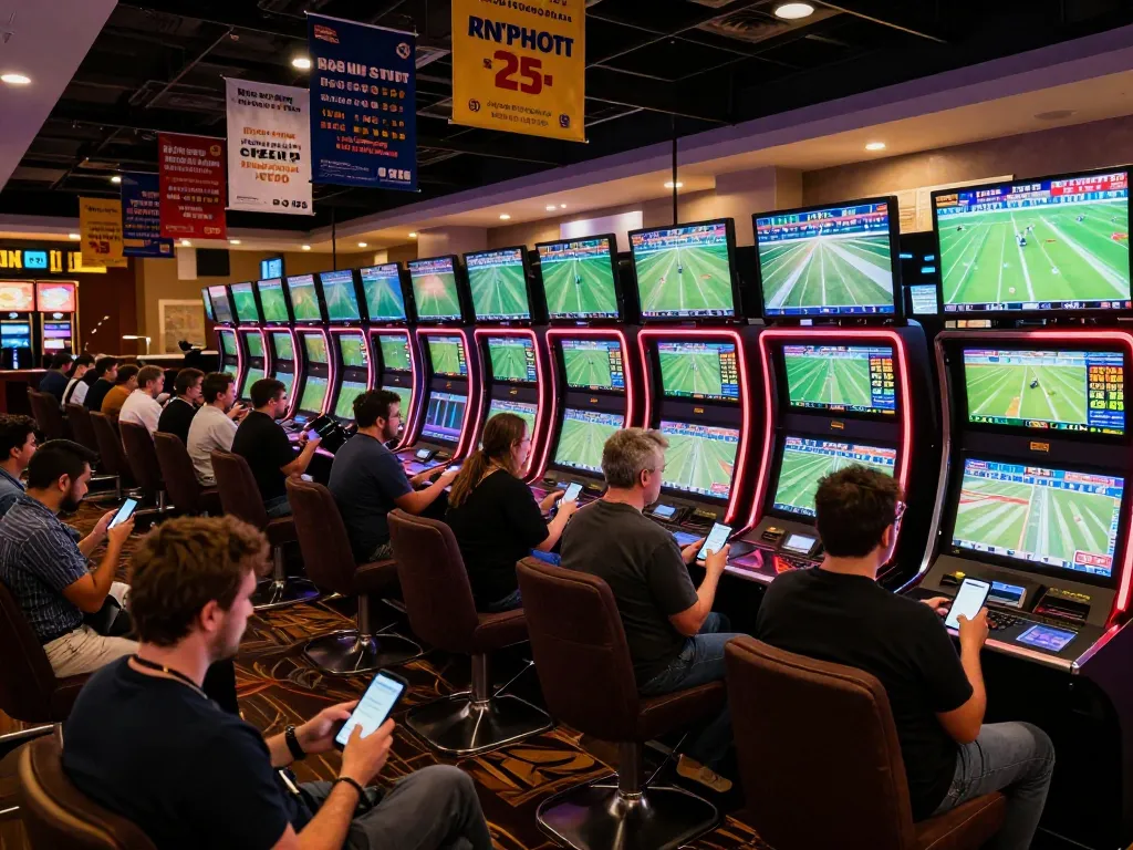 Active sports betting scene featuring enthusiastic bettors engaging with kèo nhà cái on large screens in a dynamic casino atmosphere.