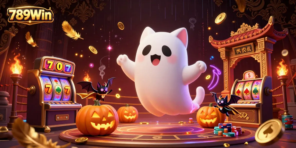 Join the 789Win adventure with a ghostly cat and bat in a haunted casino scene.