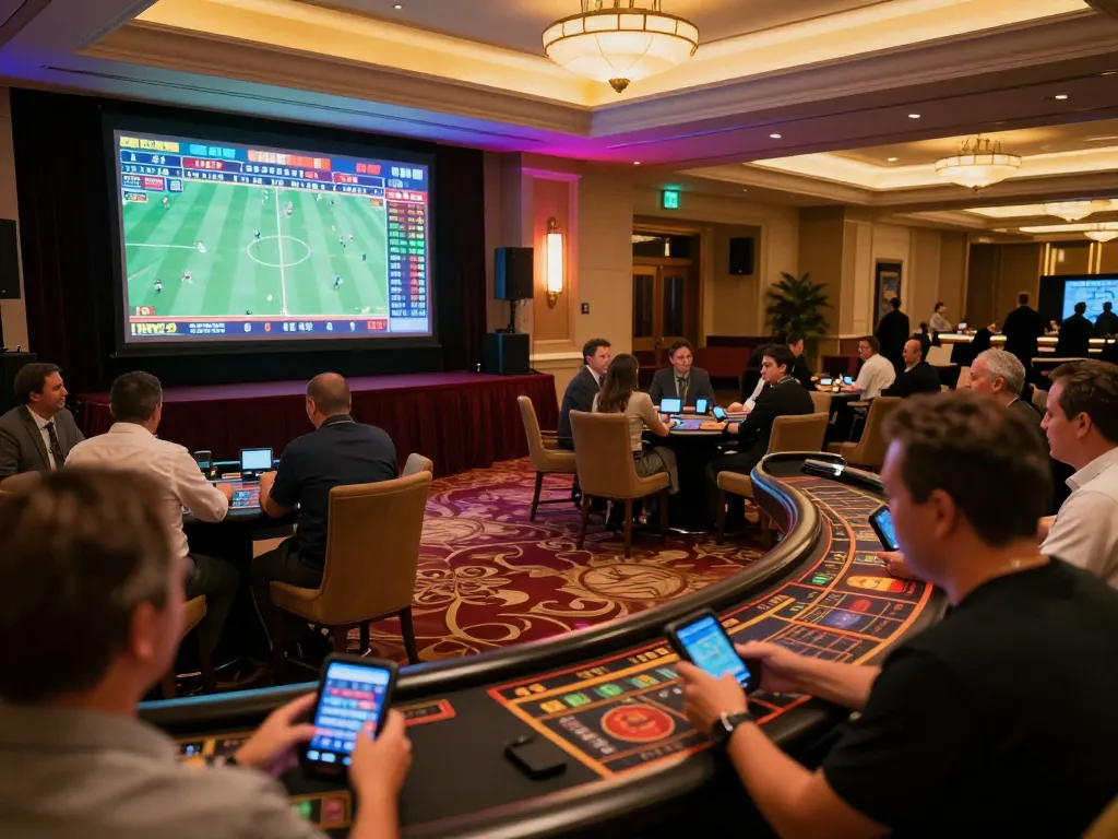 Exciting sports betting action at OK9, showcasing bettors engaging with live odds on screens in a vibrant casino atmosphere.