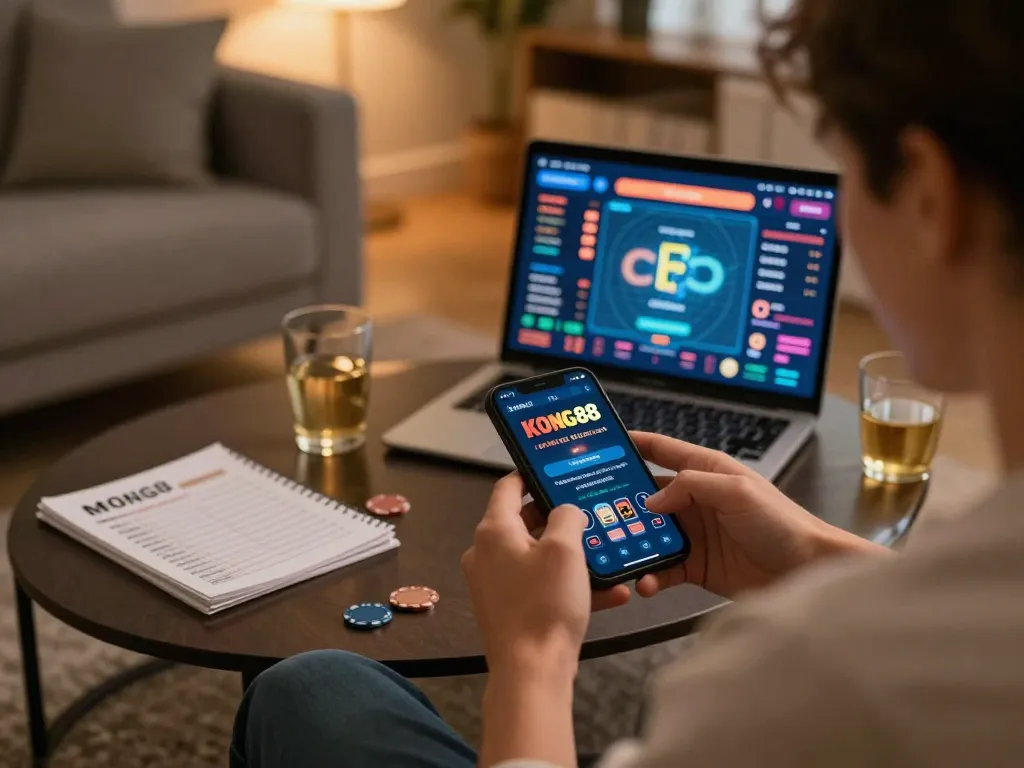 KONG88 user engaging in online betting from a cozy home setting, capturing responsible gaming atmosphere.