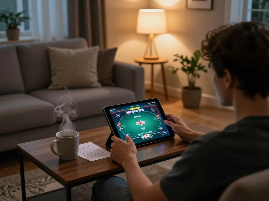 Engaged player exploring trang chủ 79king on tablet in a cozy living room.