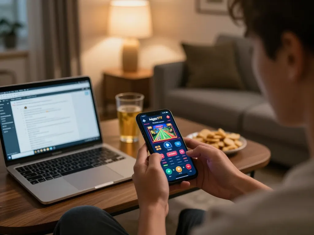 Pemain berinteraksi dengan aplikasi higgs777 di smartphone dalam pengaturan gaming rumah yang nyaman.