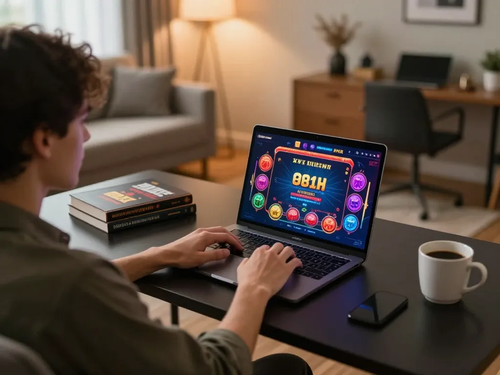 Engaging with OKFUN online casino on a laptop with strategic gaming notes nearby